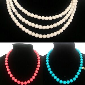 Vintage Beaded Necklaces - Turquoise Blue Hand Knotted, 3-strand White & Pink
